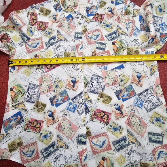 Chicos No-Iron Linen Button Up Shirt XL Postcard Print Coastal Artsy Travel - Picture 6 of 12